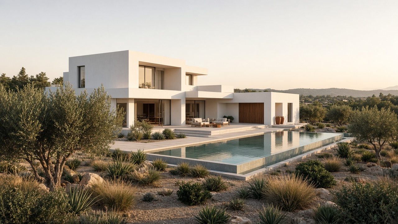 Chalet contemporáneo terminado, con piscina y jardín mediterráneo