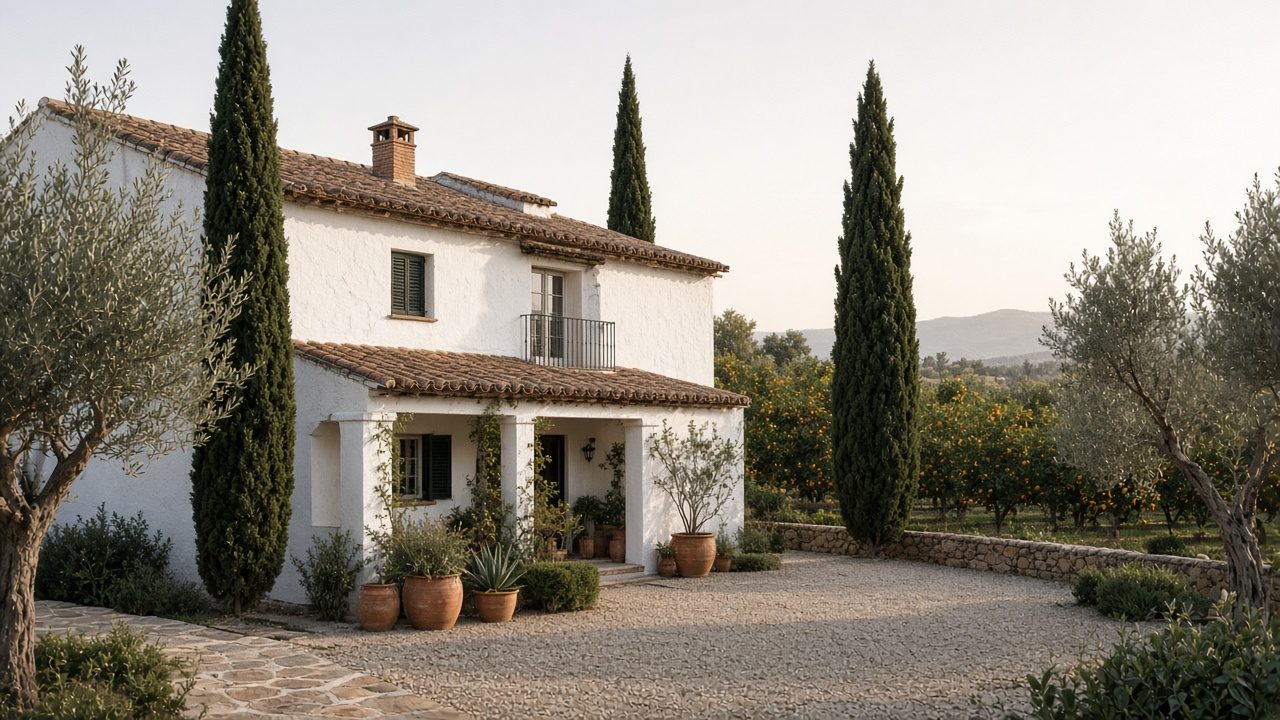 Finca mediterránea terminada, con cipreses, olivos y patio de grava